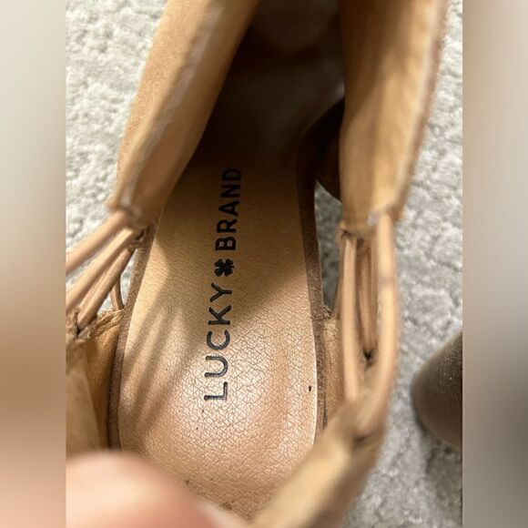 Lucky Brand Carmel Brown Suede Peep Toe Wedge Booties - Picture 4 of 12